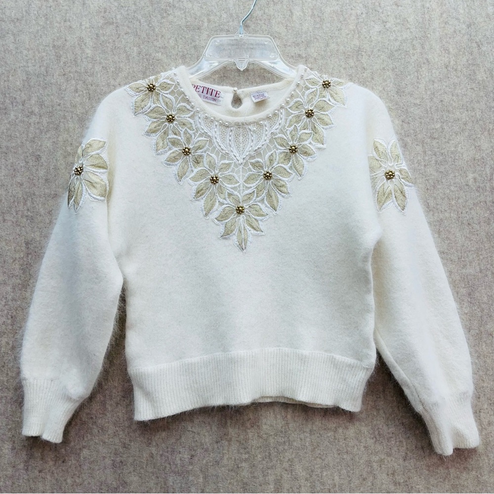 Eddie Dassin Petite Angora Christmas Poinsettia Embroidered Sweater, M Petite